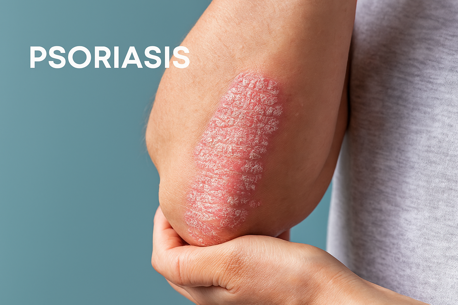 “Placa de psoriasis en el codo – imagen para pacientes”
