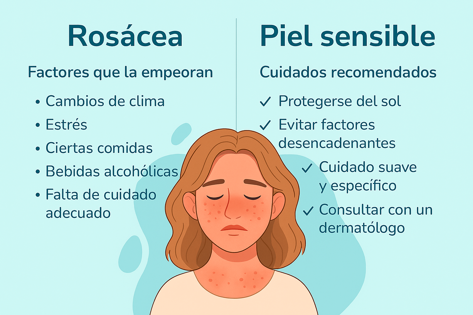 Cuadro comparativo de factores que empeoran la rosácea frente a cuidados recomendados para piel sensible