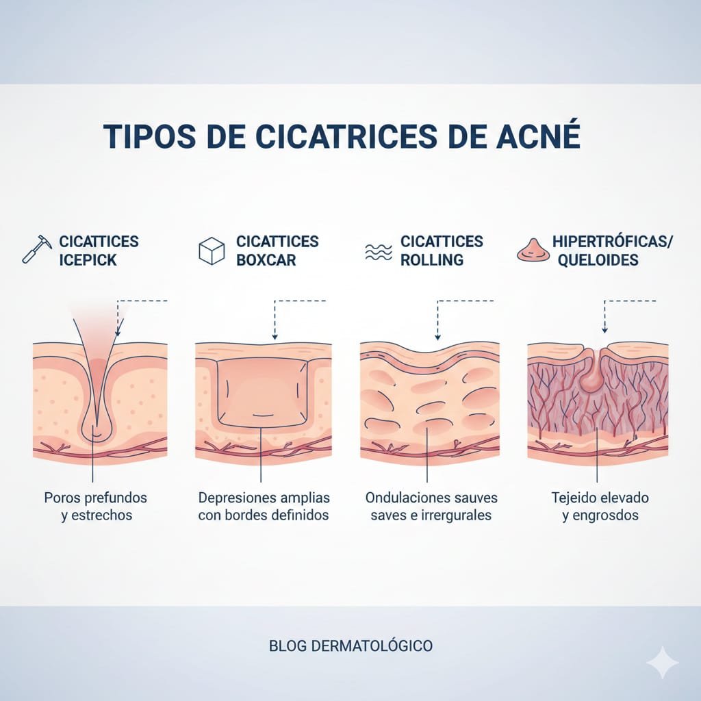 Esquema mostrando diferentes tipos de cicatrices de acné